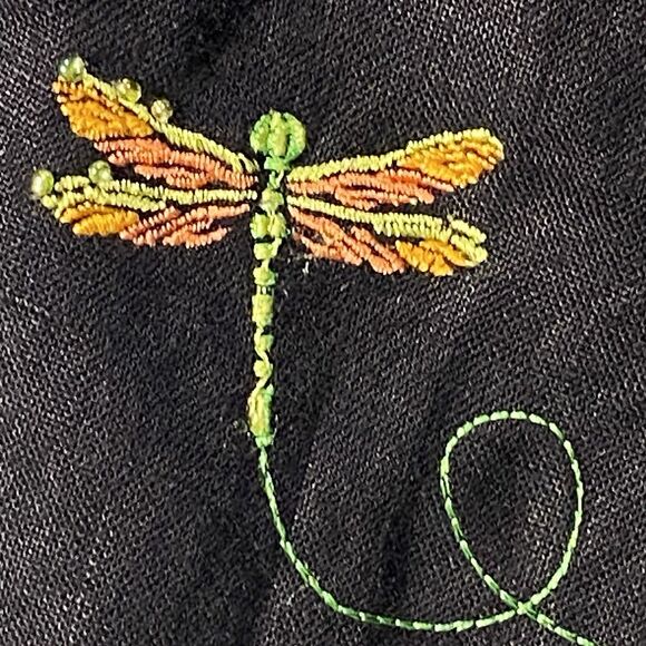 Vintage PARAPHRASE Capri Pants Linen Embroidered Beads Dragonfly Womens 14 Black - Picture 7 of 10